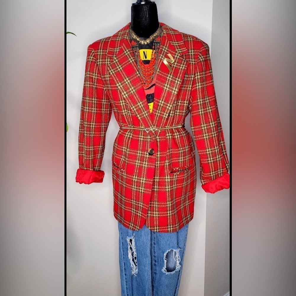 Red Plaid Women's Blazer Coat